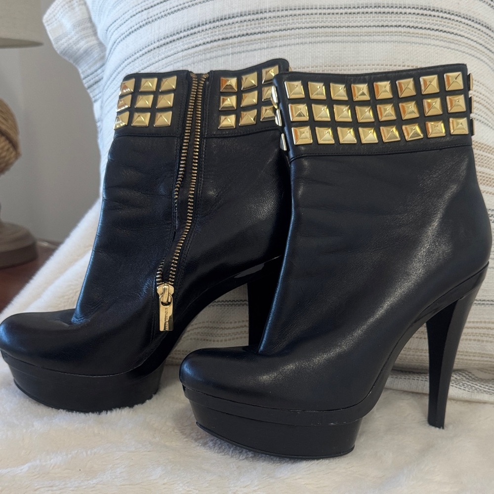 Michael Kors Black Leather Heeled Boots with Gold Studs